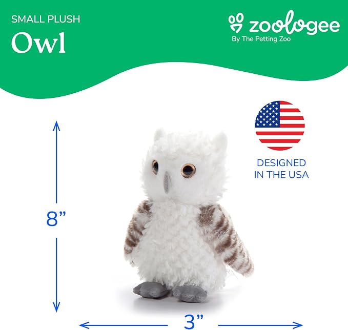 The Petting Zoo Owl Stuffed Animal Plushie, Gifts for Kids, Scoopz Wildlife Animals, White Owl Plush Toy 8 Inches