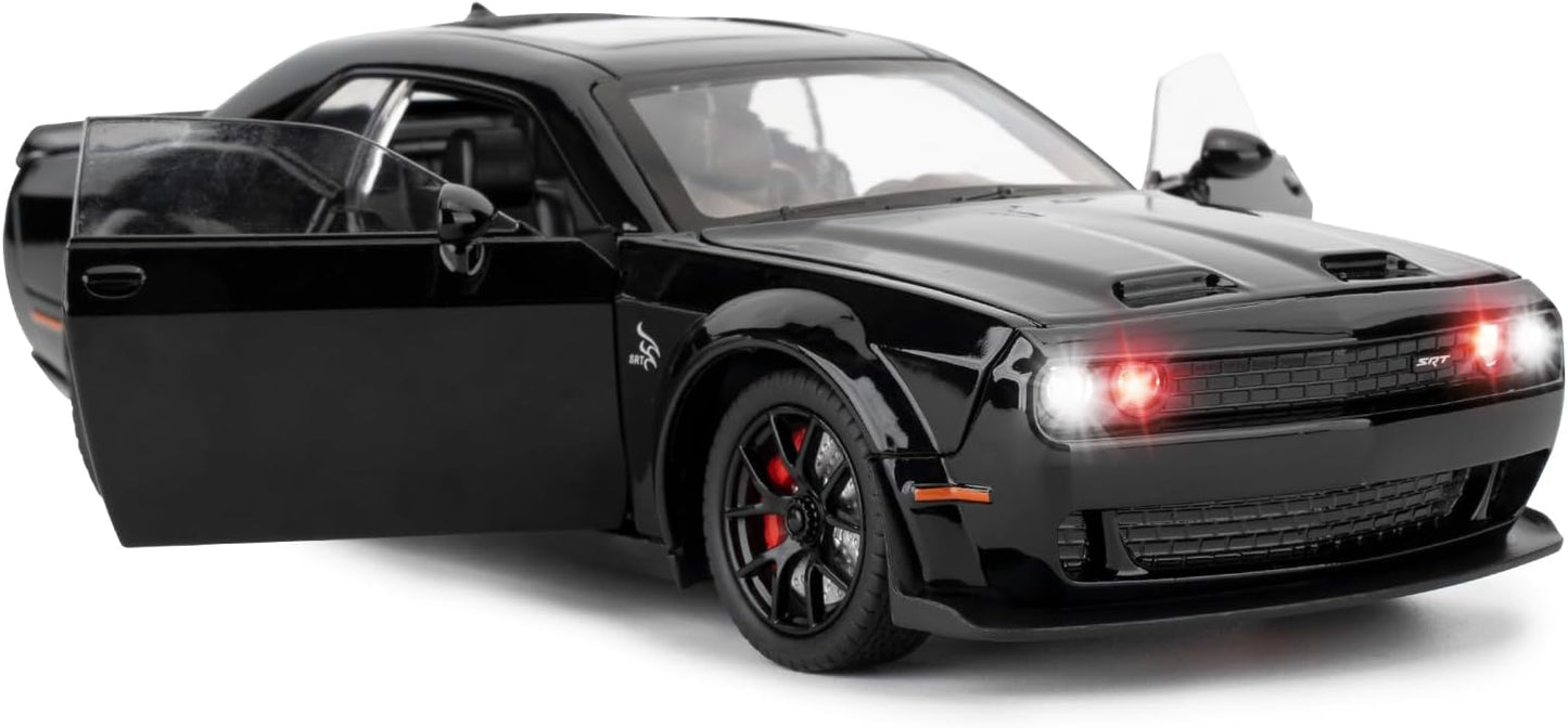 Compatible for 1/24 Dodge Challenger SRT Hellcat Car Model, Collectible Die-Cast Model Car with Lights and Sounds,Pull Back Car Toy for Adults Kids Birthday Gifts Decoration (Black)