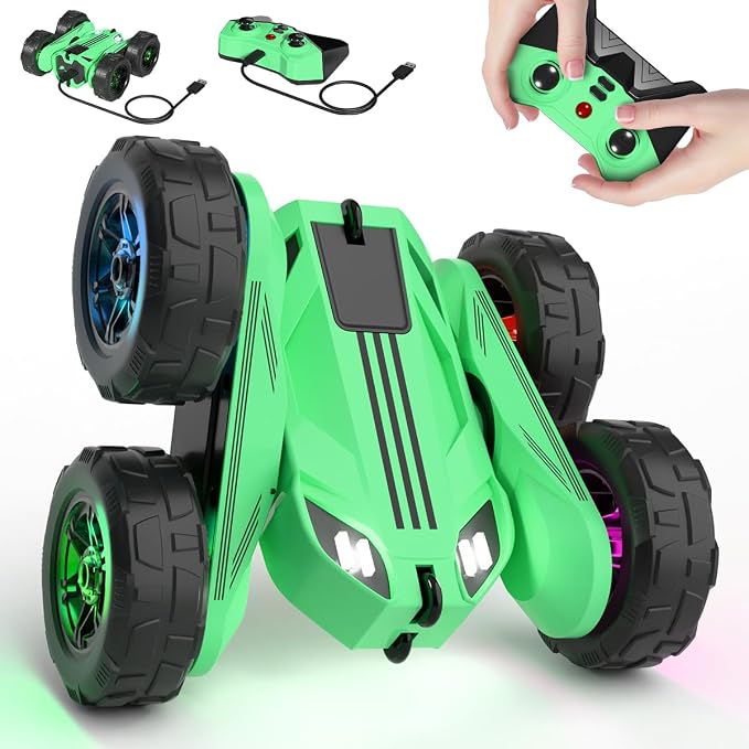 MaxTronic Fast Direct Charging Remote Control Car with LED，Exclusive Dual USB-C Charging for Car & Controller - 2.4Ghz 15km/h 360° Flips Rotations 4WD RC Stunt Car Fully Rechargeable for Kids 3-12