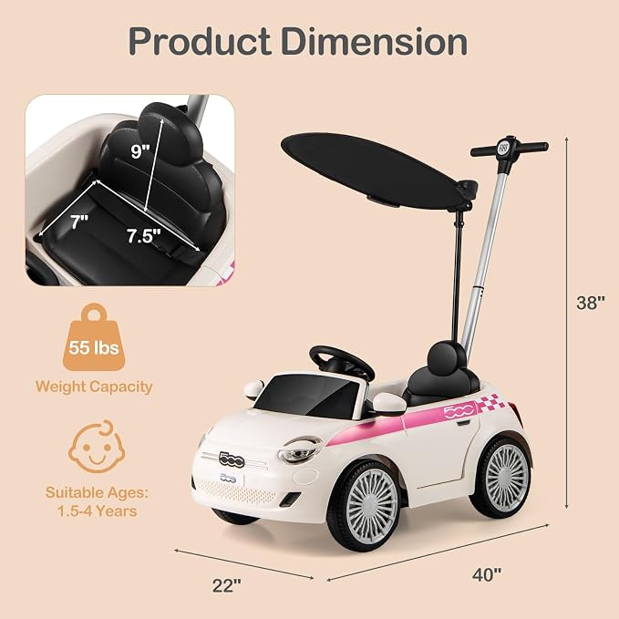 Licensed Fiat 500 Ride on Push Car by INFANS, 3 in 1 Baby Stroller Sliding Walking Car with Retractable Footrest, Parent Control Handle, Horn, Foot-to-Floor Toys for Kids Toddlers 18 Month+ (White)