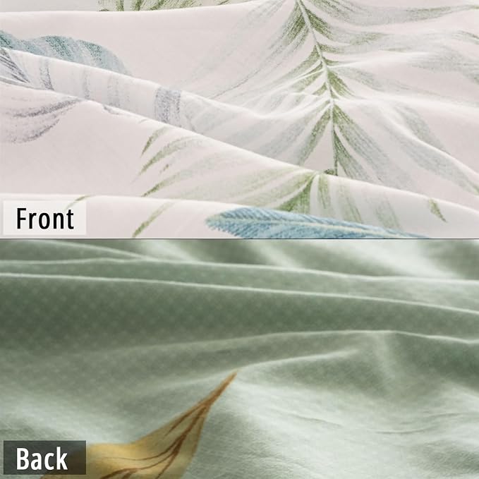 LEMIROE Botanical Cotton Comforter King Size - Sage Green Comforter Printed with Leaves & Ferns on White,Reversible Light-Weight Bedding Sets 3Pcs(Leaves,104"×90")