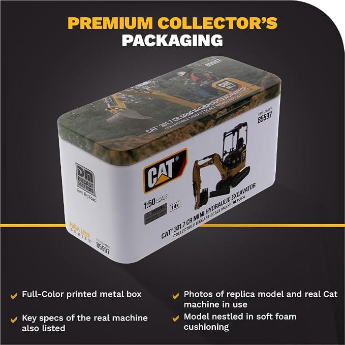 Diecast Masters CAT Caterpillar 301.7 CR Next Generation Mini Hydraulic Excavator with Work Tools and Operator High Line Series 1/50 Model 85597