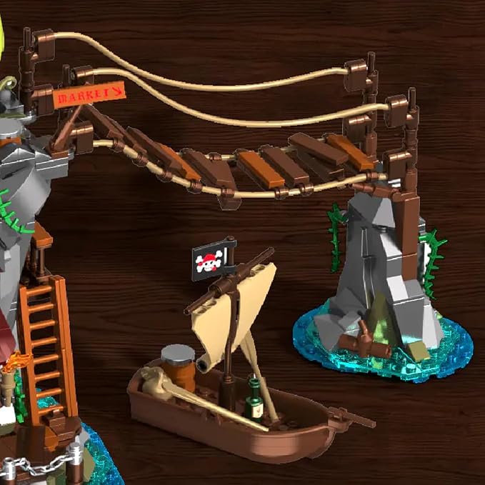 Viking Medieval Pirate's Cliffside Broken Mast Cabin Wharf Building Set House Building Block Toy, Medieval Pirate Ship Architecture Bricks Kit,Gift for Women or Adult 1045pcs
