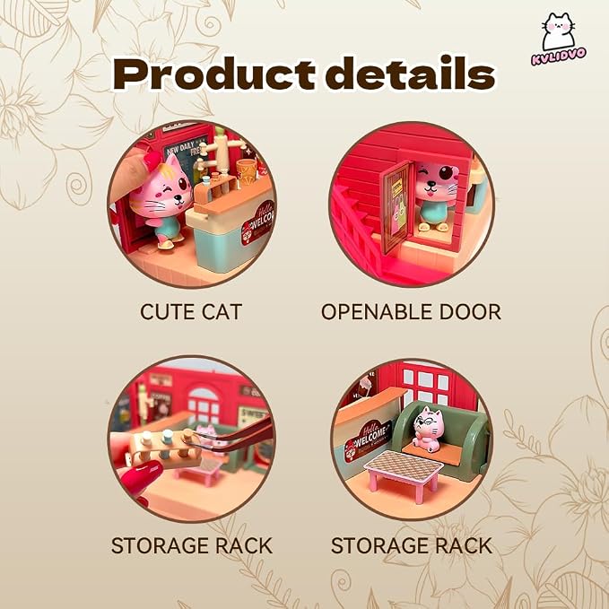 Koko's Cat Town DIY Miniature House Kit,Tiny Pink House Series–Cafes Building Kit,Dollhouse for 3 and up, Dollhouse Building Kit with Cats,Cat Toys Gift for Teens Kids Ages 3+