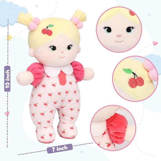 Soft Baby Doll My First Baby Rag Dolls for Kids,Snuggle Buddy for 1 Year Old Girl, Birthday Gifts for Girls Infants Toddlers 10" (Cherry Girl)