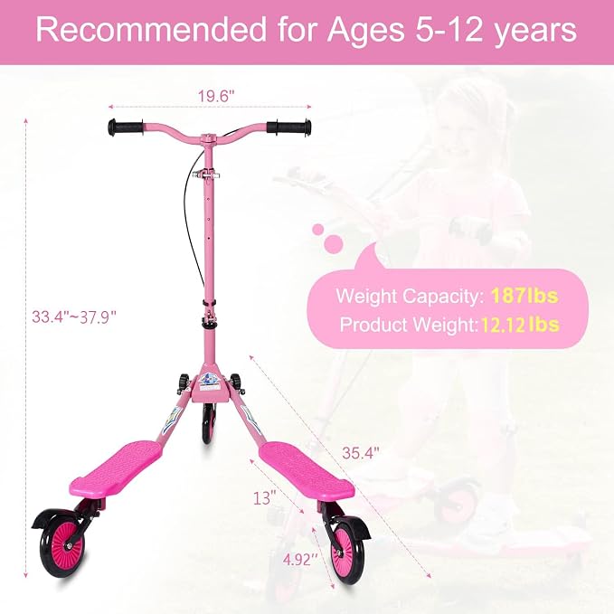 Kids Swing Scooter, 3 Wheels Drifting Scooter/Wiggle Scooters with Adjustable Height & Foldable for Boys/Girl/Ages 5-12 Years