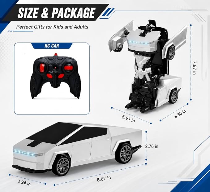 Transformer RC Car, 2-in-1 Transforming Robot Car Toy, 2.4GHz Remote Control Cyber RC Truck, 360° Rotating Drift Stunt Car, Rechargeable Toy Gift for Boys Ages 4-12