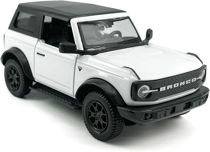 2-Door Bronco Badlands Model Car 1/36 Scale Diecast Toy Cars Metal Alloy Children’s Vehicles, Pull Back Doors Open, Black Rim, Mens Collection, Kids Toys for Boys Gifts, Cake Topper Home Décor, White