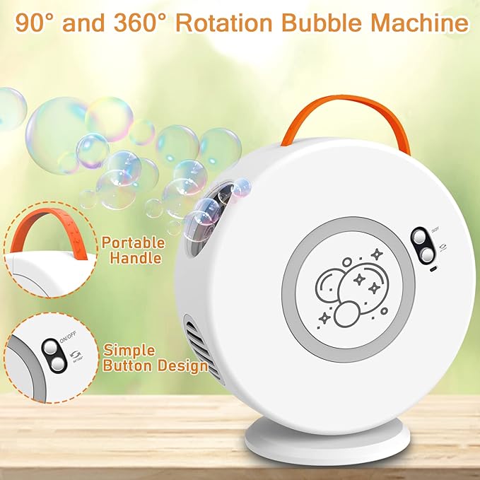 Bubble Machine Automatic Bubble Blower for Kids Toddlers Bubble Maker Electric Bubble Machine Auto Rotating 90°/360° Outdoor Toy (White)