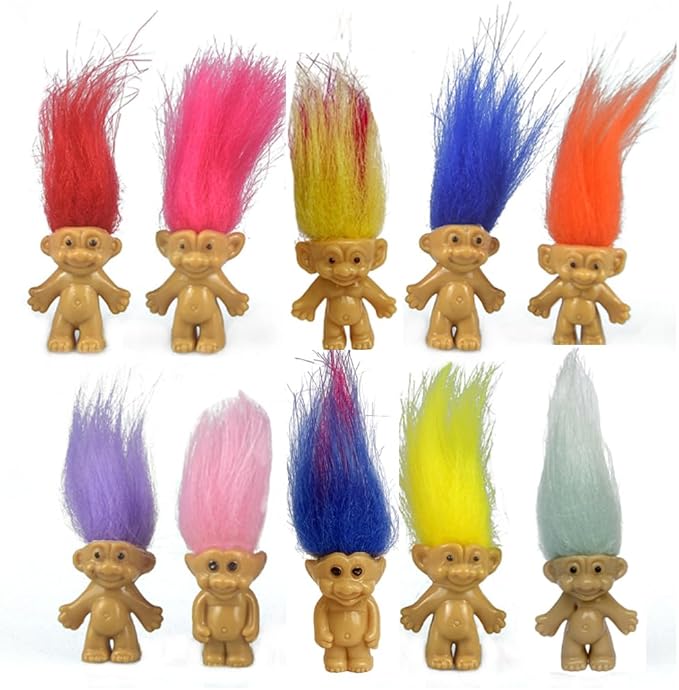 10PCS Mini troll Dolls, Assorted Hair Colors Vintage troll Dolls Action Figures 1.2" Cake Toppers Chromatic Adorable Cute Little Guys Collection, School Project, Arts Crafts, Party Favors