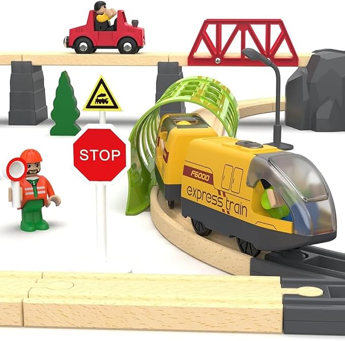 TOPLIVING Motorised Wooden Rail Train, Remote Control Train with Magnetic Connection, Battery Operated Locomotive Trains for Toddlers, Compatible with Thomas, Brio, Chuggington