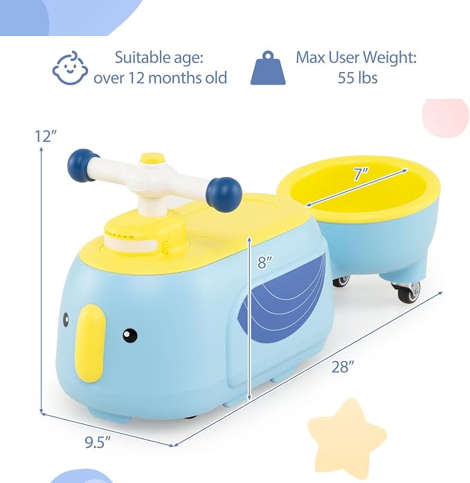 HONEY JOY Ride On Push Car with Trailer, Indoor Outdoor Toddler Riding Toys w/Under-seat Storage, LED Light, Music, Foot-to-Floor Sliding Car, No Battery Baby Ride On Toys for Boys and Girls (Blue)