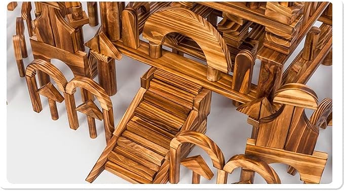 Large Vintage Solid Carbonized Wooden Building Blocks Set for Kids 3-12 Outdoor(67pcs,18.7 lbs), Big Sensory Wood Building Toys for Toddlers, Jumble Outside Wooden Blocks for Preschool