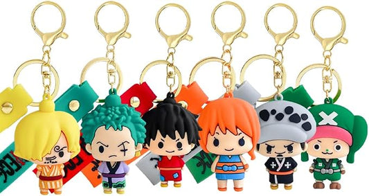 6Pcs OP Anime Keychain Set, Fun Cartoon Figures Keyring, Cute Collectible Pendant Keys Gift for Men Women Lovers