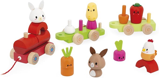 Janod - Wooden Pull-Along Train - Farm Theme - 3 Wagons and 19 Pieces - Early Learning Pull-Along Toy - Wood and Water-Based Paint - Develop Fine Motor Skills - from 12 Months, J03314