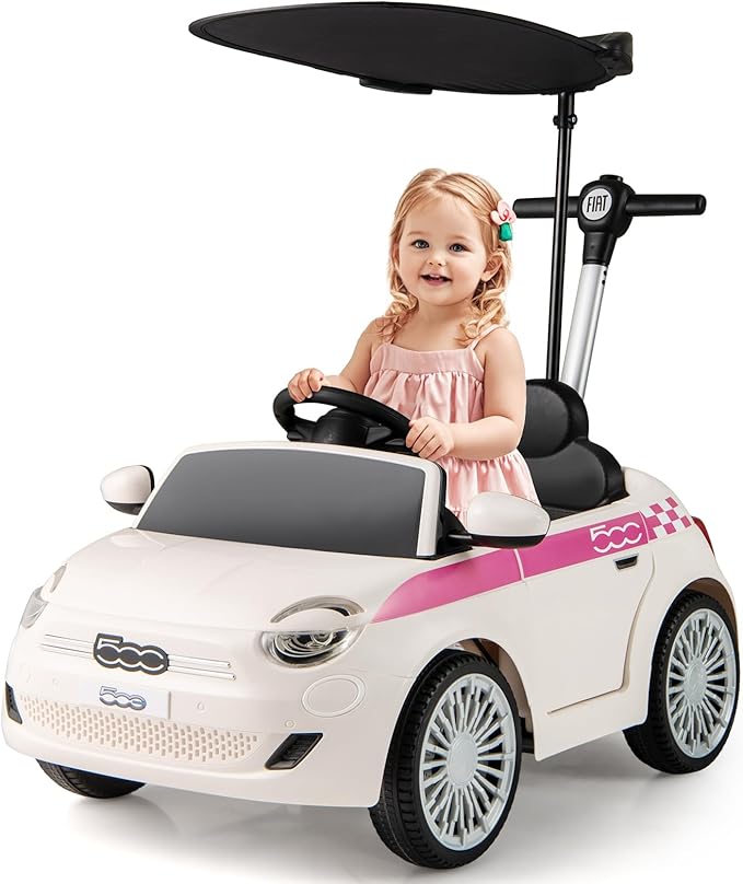 OLAKIDS Push Car for Toddlers, 3 in 1 Licensed Fiat 500e Baby Sliding Walking with Parent Control Handle Adjustable Canopy Footrest, Kids Ride on Toys with Horn for Boys Girls (White)