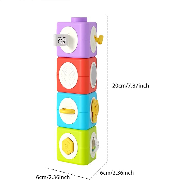 Activity Cubes & Stacking Toy Blocks Set of 4,12-in-1 Montessori Toys for 1-2 Years Old,Educational Activities Sensory Travel Toys for Airplane & Car, Perfect Birthday for Toddlers