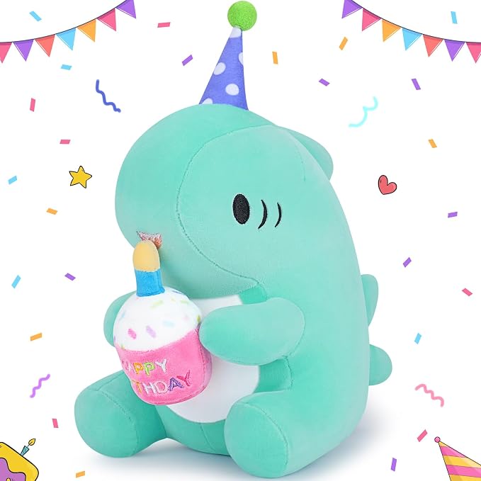 Auspicious beginning Birthday Gift Shark Plush Stuffed Animal, 11.8'' Kawaii Soft Birthday Shark Plush Toys with Holding Cute Birthday Cake Gift for Girls Boys, Children's Day, Anniversary, Green