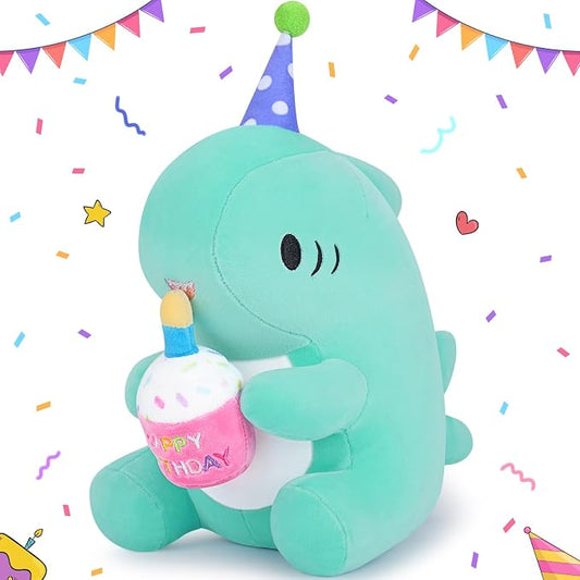 Auspicious beginning Birthday Gift Shark Plush Stuffed Animal, 11.8'' Kawaii Soft Birthday Shark Plush Toys with Holding Cute Birthday Cake Gift for Girls Boys, Children's Day, Anniversary, Green