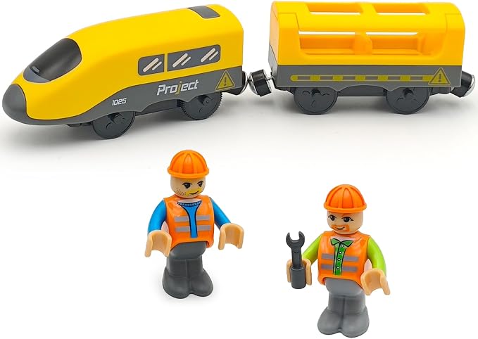 Battery Operated Police Train for Wooden Train Tracks with Figures Kids Magnetic Wooden Trains Set for Toddlers Boys 3-5 4-8 (Without Battery and Tracks) (Yellow)