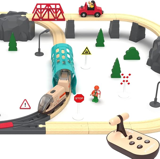 TOPLIVING Track Accessories Remote Control Train, Battery Operated Locomotive Train for Wooden Track, Motorized Train (Magnetic Connection) Compatible with Thomas, Brio, Chuggington