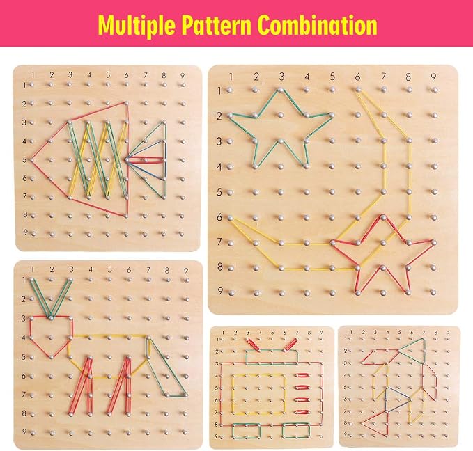 Wooden Geoboard with Pattern Cards & Rubber Bands, Montessori STEM Educational Toy for Kids 3-5 5-8 Years Old, Brain Teaser Puzzle Game for Geometry Learning and Creative Shapes