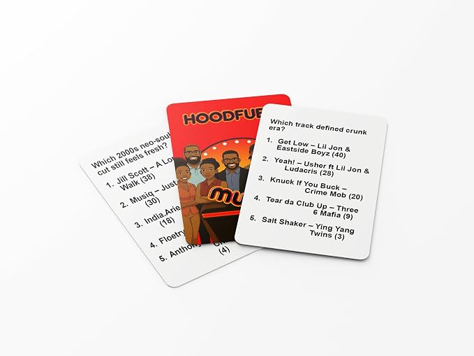 HoodFued Music Edition – Black Culture Hip Hop and RNB Soul Trivia Deck for Game Night, 76 Survey Questions, 2-Team Feud-Style Play, Portable Party Fun for Cookouts & Dorms