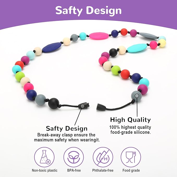 Chew Necklaces for Sensory Kids 2 Pack, Chewy Necklaces 2Pcs for Boys and Girls with Autism ADHD SPD, Silicone Fidget Necklace for Toddler Teens to Reduces Anxiety and Stress