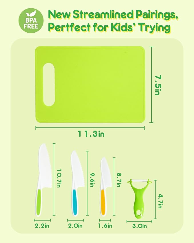 Kids Knife Set, 5 Pcs Montessori Kitchen Tools for Toddlers' Real Cooking for 3+, BPA Free Kids Safe Kitchen Cooking and Baking Set with Peeler, Cutting Board for Sandwich Bread Vegetable Fruit Gift