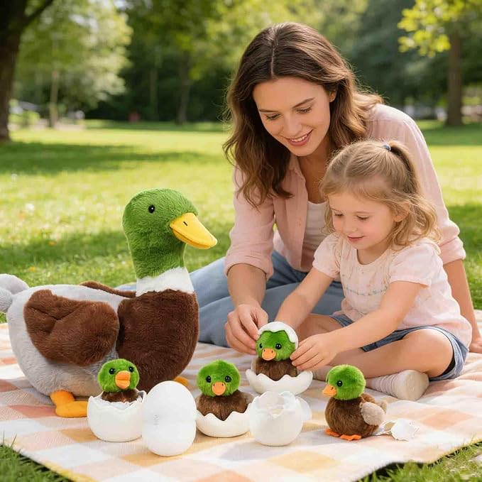 7 in 1 Mallard Duck Stuffed Animals Plush Toys, 12“ Zippered Mommy Stuffed Duck with 4 Baby Ducklings and Eggs Green Duck Plushies Pillow for Kids Birthday Christmas Farm Party Decor