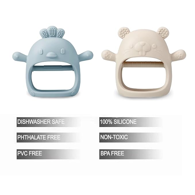PandaEar 2 Pack Silicone Teething Toys | Baby Teether Mitten & Hand Pacifier for Soothing Teething Pain Relief (White/Blue)
