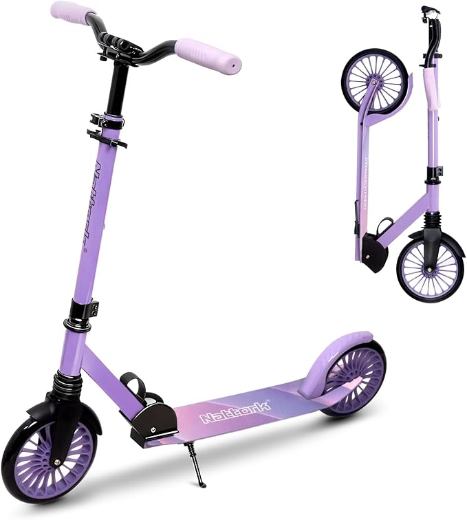 Nattork Kick Scooter for Age 6+ Kids Teens Adults, Max Load 240 LBS, Adjustable Height Foldable with 8" Large Wheels, Anti-Shock Suspension