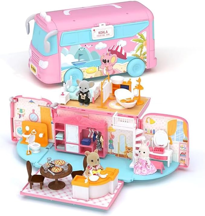 Dollhouse Playset, DIY Pretend Portable Caravan Camper Bus Toy Kit with Little Critters Bunny Dolls Mini Cottage House Set Camping Family Toys for Toddler 3 4 5 6 Year Old Girl