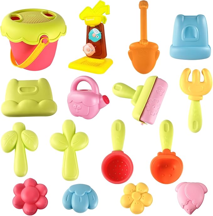 IOKUKI Sand Toys with Mesh Bag Including Sand Water Wheel, Beach Buckets, Shovels, Rakes, Molds, Outdoor Beach Toys Tool Kit for Kids, Toddlers, Boys and Girls (17 PCS) Age 3+
