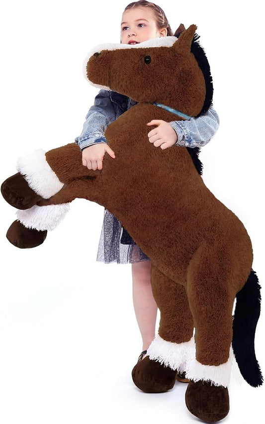 Tezituor 4ft Realistic Giant Horse Stuffed Animals, 47 inch Chocolate Large Stuffed Horse Farm Plush Toy, Hugging Soft Pony Plush Body Pillow for Boys Girls Christmas Birthday