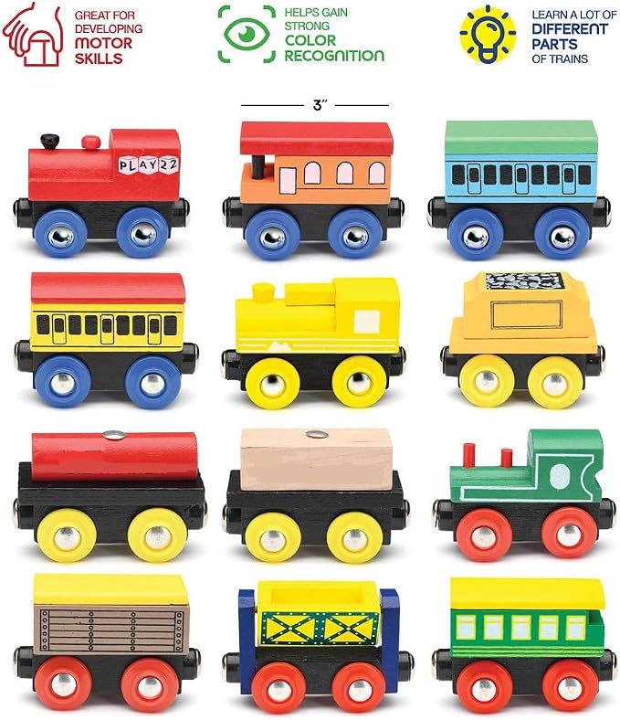 Play22 Wooden Train Set 12 PCS - Magnetic Train Toys Set Includes 3 Engines - Toy Sets for Kids Toddler Boys and Girls - Compatible with All Major Brands - Original