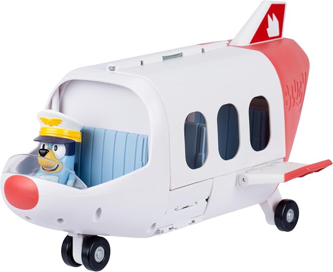 Bluey Adventure Plane, Airplane Toys, Pilot Figure and Accessories | Open side with fold-down stairs, family seating, and luggage storage in this airplanes for kids playset