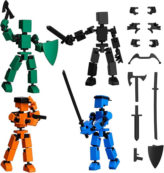4PCS Mini Titan T-13 Action Figures Set, Assembly Completed Luck Dummy Robot 13 Action Figure Toys for Boys Stick Figures with Multi Joints Movable Fidget Gifts for Kids(Black+Orange+Green+Blue)