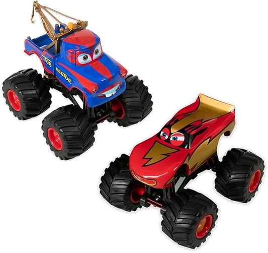 Disney Store Official Monster Trucks Lightning McQueen & Tow Mater Die Cast Set - 1:43 Scale Die Cast Metal Pixar Cars Toys with Free Rolling Wheels - Scenic Display Packaging Included