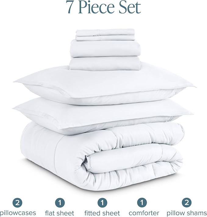 Bare Home Bed-in-A-Bag 7 Piece Comforter & Sheet Set - King - Goose Down Alternative - Ultra-Soft 1800 Premium - Bed Set (King, White/White)