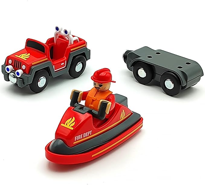 Wooden Train Cars Track Accessories Set Rescue Fire Truck with Light and Sound Small Vehicles Magnetic Train Cars Fit for Wooden Train Track Railway for Boys and Girls (Fireboat)
