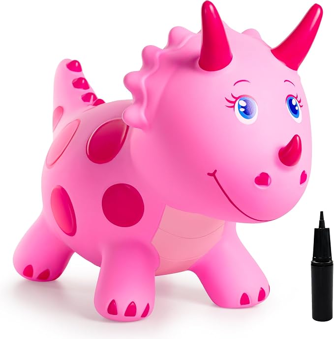 Dinosaur Bouncy Animal Toys, Pink Triceratops Bouncer, Ride on Bounce Hopper for Kids 2-5 Indoor Outdoor Activity Birthday for 18 Months 2 3 4 Years Old Boys