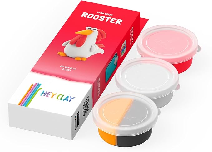 HEY CLAY Modelling Air-Dry Clay with Fun Interactive App - Non-Toxic, Non-Stick Modeling Clay Crafts Set for Kids Ages 3 to 8-3 cans (Farm Birds: Rooster)