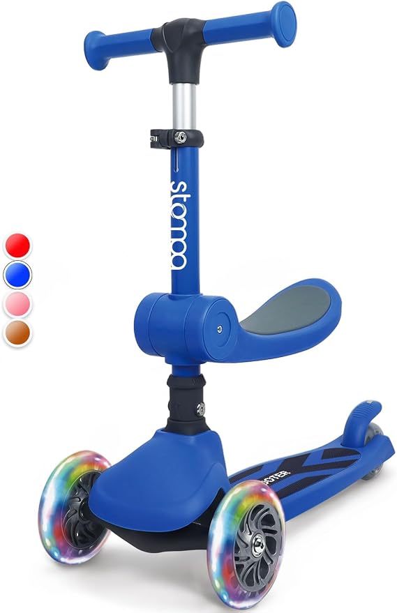 Stompa Kids Scooter 2-in-1 Light Up 3 Wheel Scooters with 4 Levels Adjustable Handlebar, Foldable Seat, Widen Non-Slip Deck for Girls & Boys Max 110 Lbs