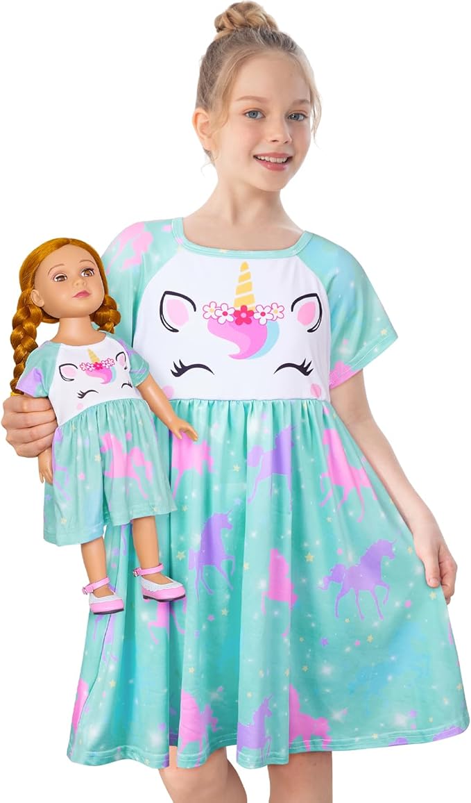 Play Tailor Doll and Girl Matching Nightgown Unicorn Outfit Pajamas Night Dress for Girls and 18" Dolls Clothes