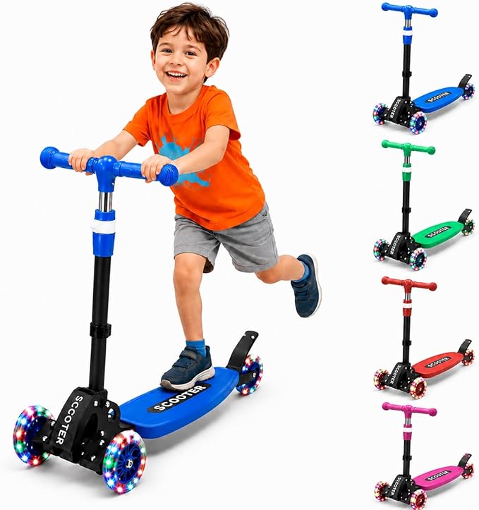 Kids Kick Scooter, Kick Scooter for Kids 2-7 Age, Light up 3 Wheels Kick Scooter, Heavy Duty Folding Lean-to-Steer Scooters with 3 Adjustable Handlebar for Boys Girls Blue