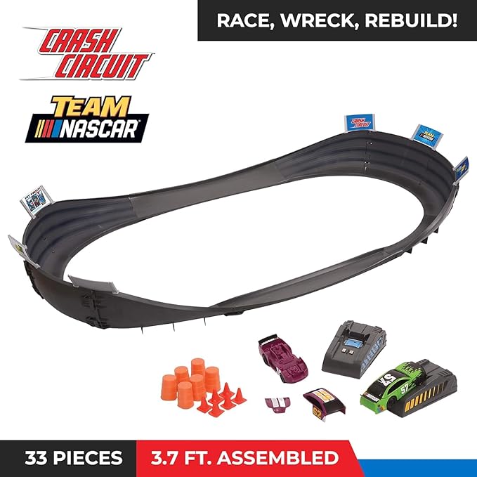 Slot Car Race Track Sets | NASCAR Crash Circuit Short Track | 2 Electric Powered Cars with Flash Chargers | Race Tracks for Kids Ages 4-8 | Car Racing Toy