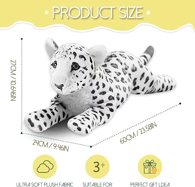 Snow Leopard Plush 23.6" Large Stuffed Snow Leopard Stuffed Animal White Leopard Plush Toys Realistic Jungle Stuffy Birthday Graduation Gifts for Kids Boys