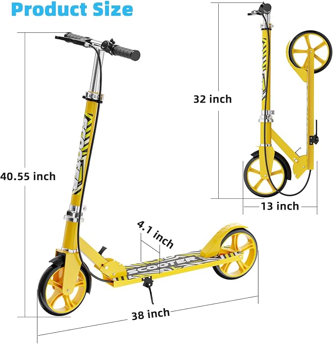 Scooters for Kids 8-12, Teens & Adults - Lightweight, Foldable, 8-Inch Big Wheels, Hand Brake & Bell, 4 Adjustable Height Levels, 240 lbs Max Load, Perfect for School, Campus and Park Rides