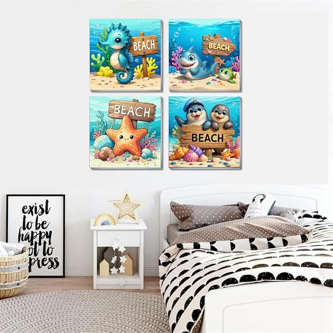 Mrnsiet 4 Pack Framed Paint by Numbers Kit for Kids, Cartoon Animals Paint by Numbers for Kids Ages 8-12, DIY Acrylic Oil Painting Drawing Kit for Children Beginner 8x8 Inch